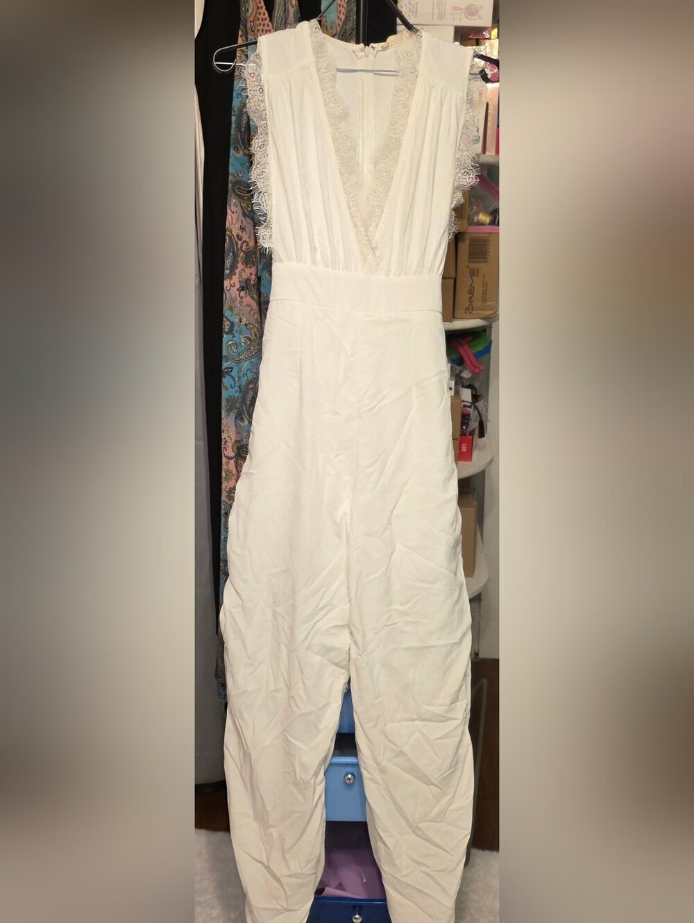 Altar'd State Ivory Lace-Trim Jumpsuit